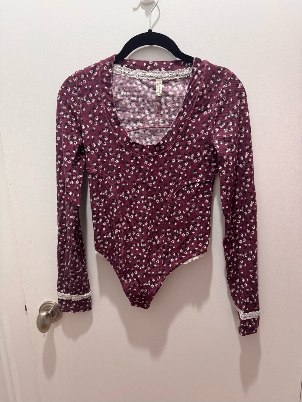 NWOT Free People Sugar Dreams Floral Knit
Bodysuit Wine Combo with Lace Trim - Picture 2 of 5